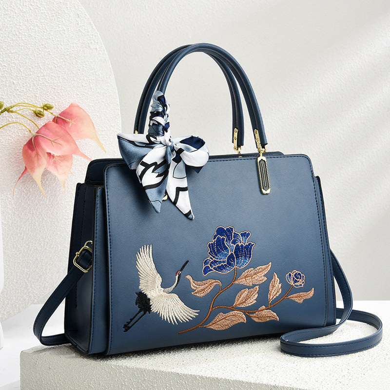 Chinese Embroidered Crane Crossbody Tote Bag for Women - Fashion Handbag with Multiple Compartments