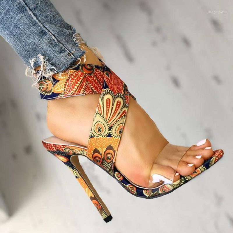 Fashionable Printed Stiletto Heel Plus-Size Women's Sandals - Stylish Round Toe Stiletto Heels