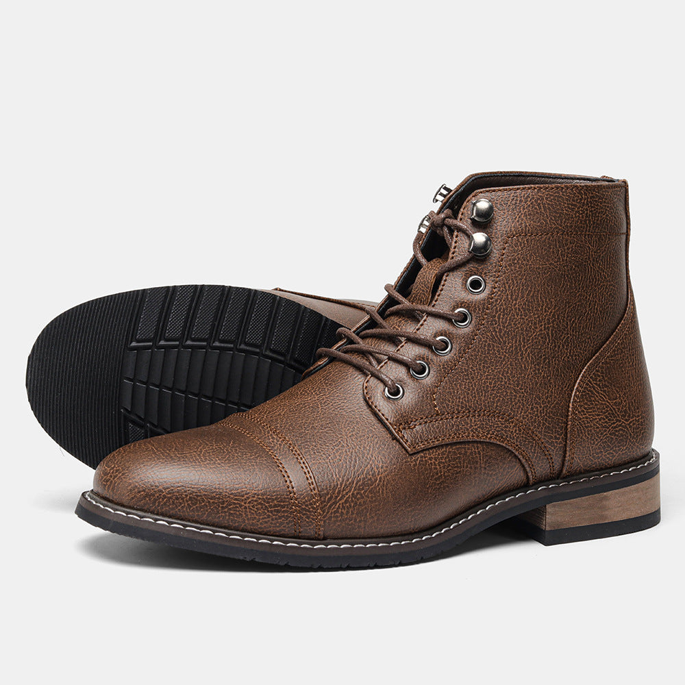 Men's Vintage Casual Leather Boots – Mid-Calf Wedge Heel, Rubber Sole, Stitched Paneling