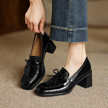 Load image into Gallery viewer, Women's Bow-Tie Chunky Heel Leather Pumps – Round Toe Mid-Cut Block Heel Shoes