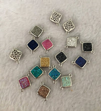 Load image into Gallery viewer, Mystic Drusy Diamond Shape Bezel Connector Beads, Bezel Druzy Charm, Gold/Silver finish,Pink/Black/Silver/White/Blue, 12x16mm,SKU#V30