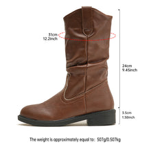 Load image into Gallery viewer, Women's V-Cut Pleated Mid-Calf Boots – Chunky Heel Pointed Toe PU Leather Slip-On