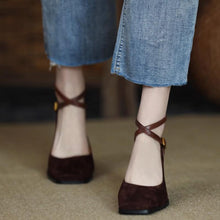 Load image into Gallery viewer, Women's Retro Chunky Heel Suede Pumps | Square Toe High Heels | Brown &amp; Black