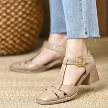 Load image into Gallery viewer, Women's Chunky Heel Peep-Toe Sandals | Hollow-Out Buckle Strap | PU Upper | Sizes 34–40