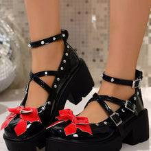 Load image into Gallery viewer, Women's Bow Decor Mary Jane Loafers – High Heel PU Leather Dress Shoes