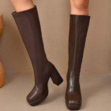 Load image into Gallery viewer, Women's Chunky Heel Stretch Boots – Thick Sole, High Shaft | Brown &amp; Black