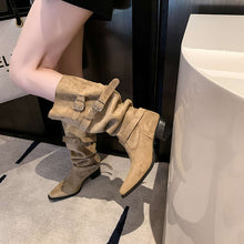 Load image into Gallery viewer, Women's Suede Pointed Toe Chunky Heel Ankle Boots | Sarah Express
