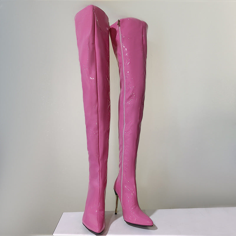 Women's Over-the-Knee Chunky Metal Heel Boots – Plus Size, Pointed Toe, Side Zipper, PU Leather