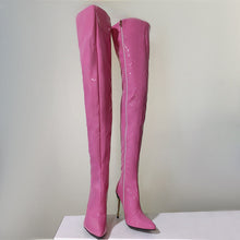 Load image into Gallery viewer, Women's Over-the-Knee Chunky Metal Heel Boots – Plus Size, Pointed Toe, Side Zipper, PU Leather