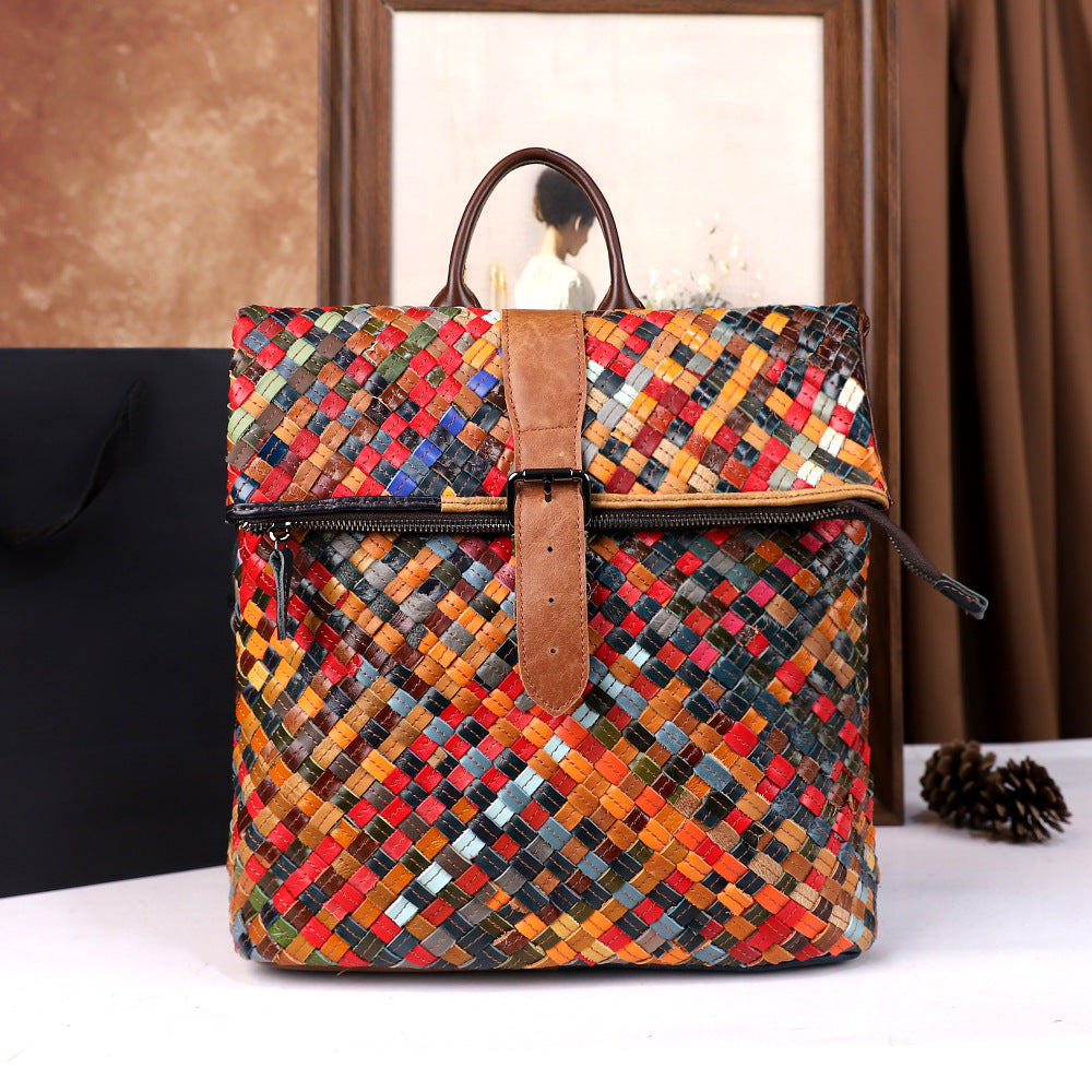 Colorful Plaid Floral Patchwork Genuine Leather Crossbody Bag for Women