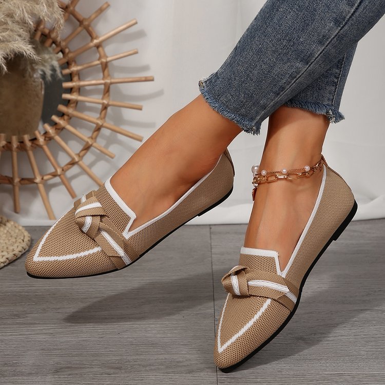 Women's Knitted Mesh Bow-Tie Pointed-Toe Flats - Elegant Low Heel Dress Shoes