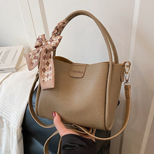 Load image into Gallery viewer, Women's Quilted Bucket Bag with Silk Scarf - PU Leather Crossbody Handbag