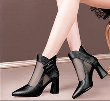 Load image into Gallery viewer, Women's British Style Chunky Heel Cutout Ankle Boots | Pointed Toe Back Zipper