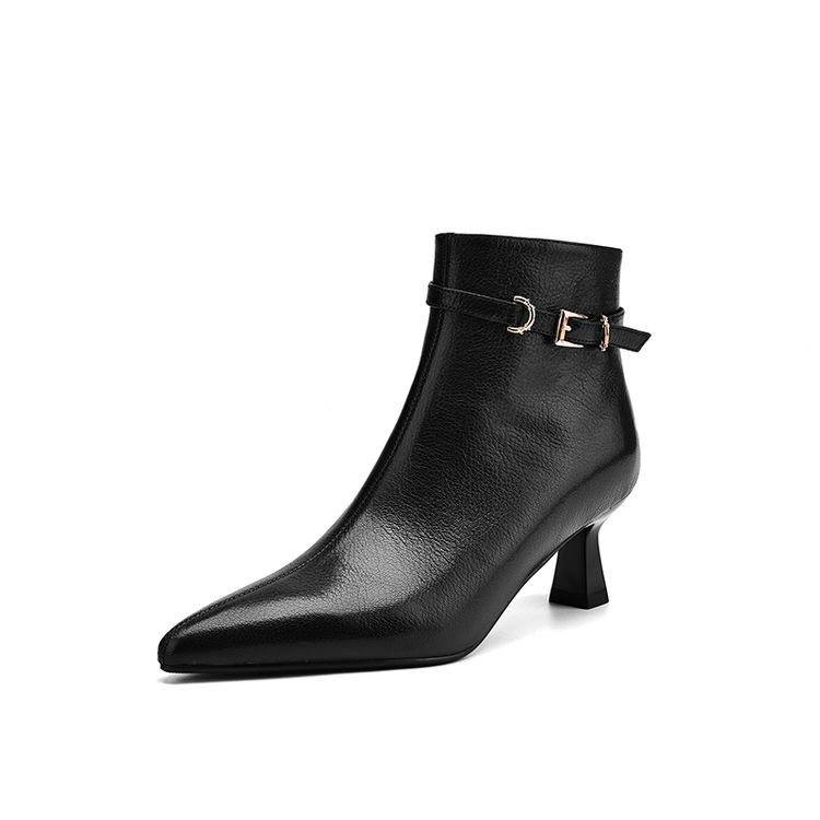 Women's All-Leather Stiletto Heel Boots | Sheepskin Upper Pointed Toe Side Buckle Retro High Heels