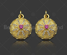 Load image into Gallery viewer, Gold Filled CZ Micro Pave Flower Pattern On Round Shape Pendant, 18K Gold Filled Fuchsia CZ Charm, Necklace Bracelet Pendant,mm,Sku#LK346