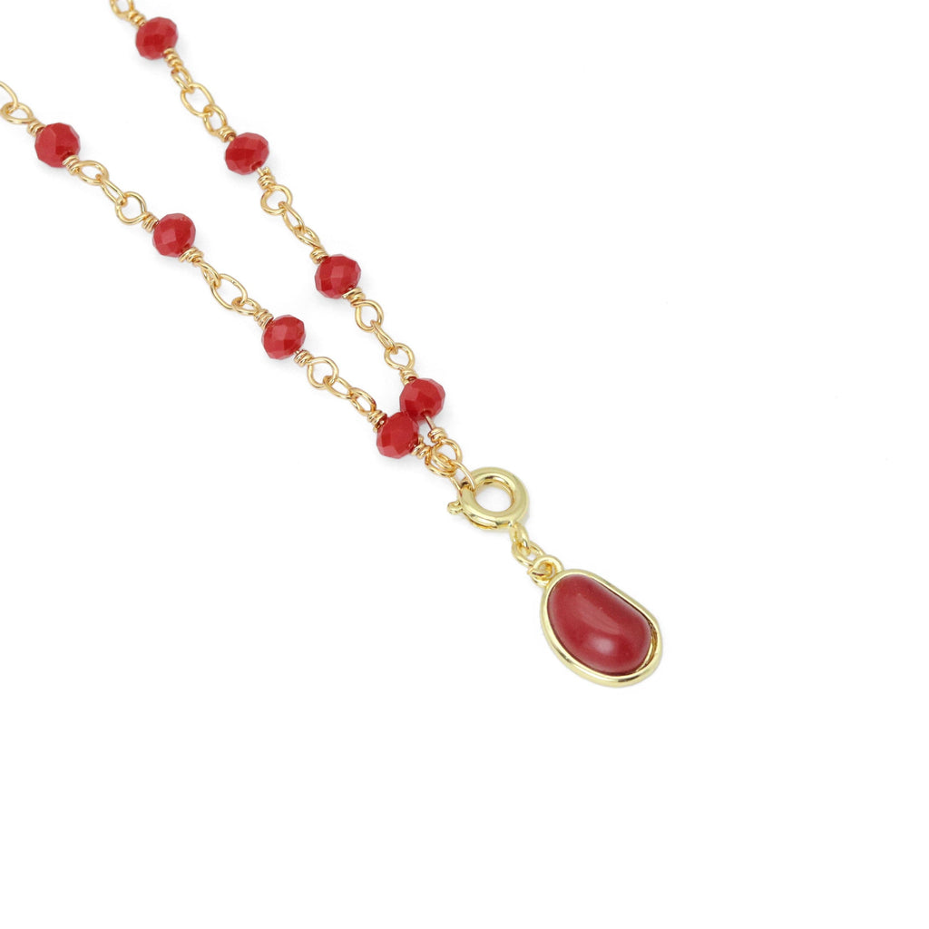 Red Beaded Chain with Red Bean Pendant Necklace, Sku#A368