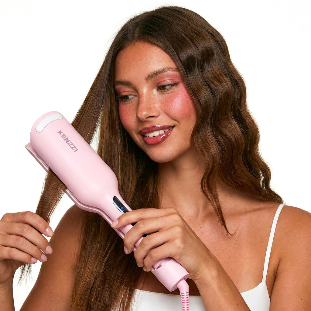 KENZZI Wave Styler 2-Barrel Hair Waver, 1.25 in, 6 Heat Settings, Pink