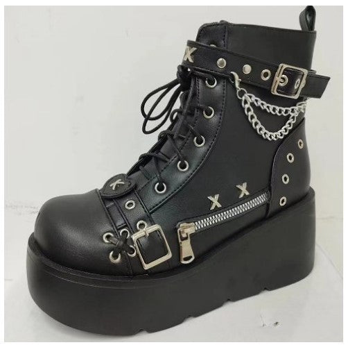 Women's Chunky Round-Toe Dr Martens Style Platform Boots | Side Zipper Wedge Heel