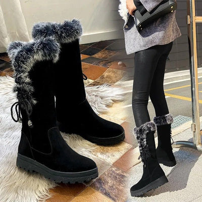 Women's Winter Snow Boots | Chunky Sole Furry Warm Flat Boots with Button Detail | Black & Gray