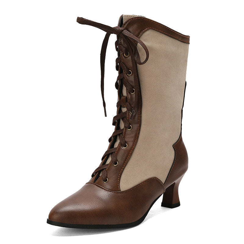 Women's Color-Block Pointed-Toe Over-the-Knee Boots with Front Lacing - Chunky Heel Winter Boots