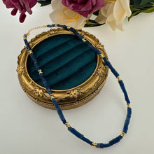 Load image into Gallery viewer, Royal Blue Cube Gemstone Gold Spacer Necklace, EF538