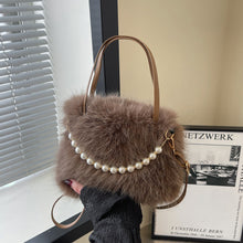 Load image into Gallery viewer, Women's Furry Tote Bag with Pearl Chain Shoulder Strap - Soft Faux Fox Fur Square Handbag