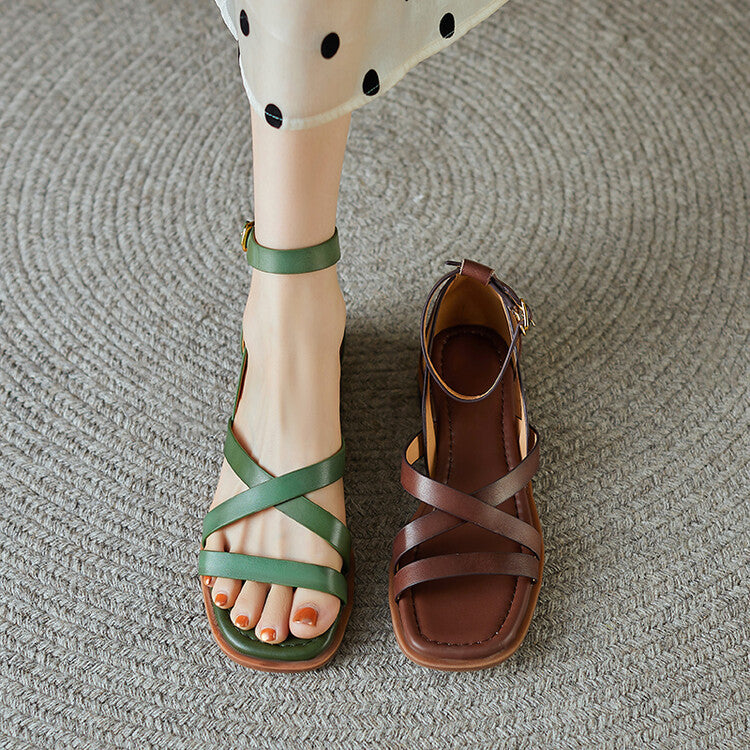 Women's Retro Cross-Strap Flat Sandals - Genuine Leather Open Toe Ankle Buckle Shoes