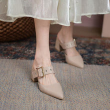 Load image into Gallery viewer, Women's Korean-Style Pointed Toe Chunky Heel Slippers | Microfiber Leather Slip-On Shoes
