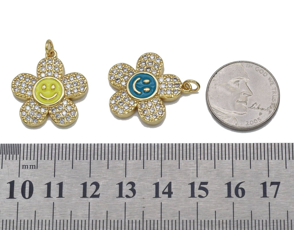 CZ Enamel Smiley Face Flower Charm, Sku#LD340