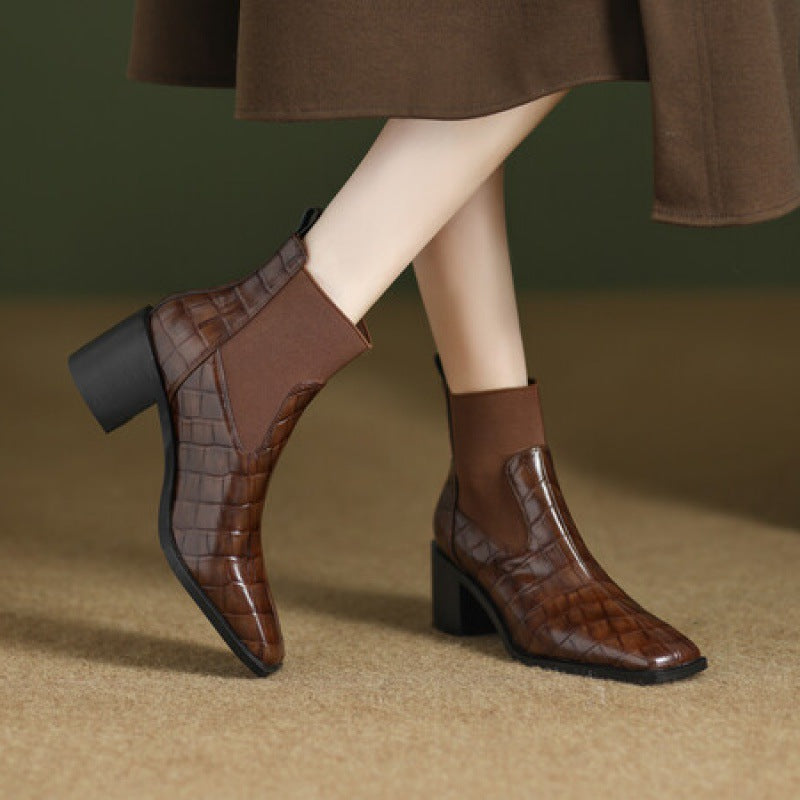 Women's Chunky Heel Square Toe Cowhide Leather Pumps | Minimalist Luxury Heels