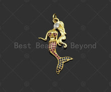 Load image into Gallery viewer, Gold Filled Fuchsia CZ Micro Pave Mermaid Shape Pendant, 18K Gold Filled Mermaid Charm, Necklace Bracelet Charm Pendant,16x33mm,Sku#LK363