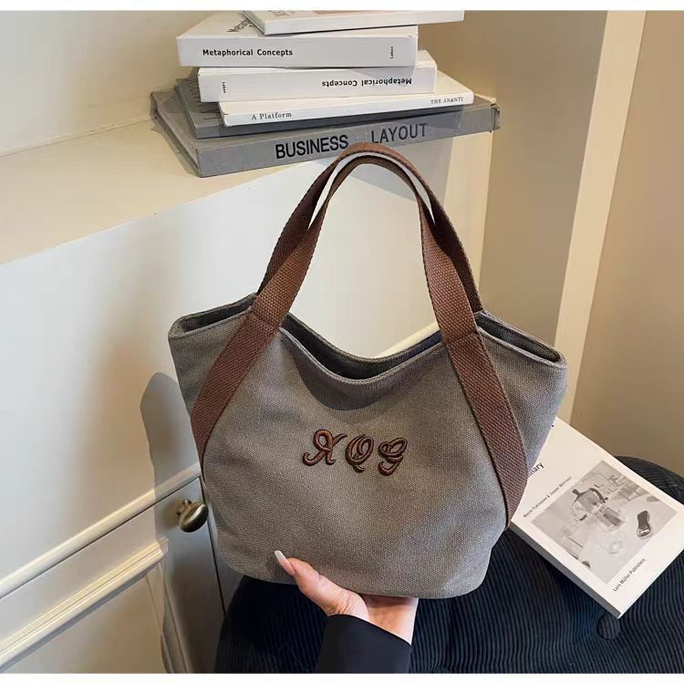 Women's Canvas Tote Bag with Letter Print - Fashionable Dumpling Bag