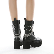 Load image into Gallery viewer, Women's Chunky Heel Platform Boots Side Zip Rivet Belt Buckle Mid-Calf Boots