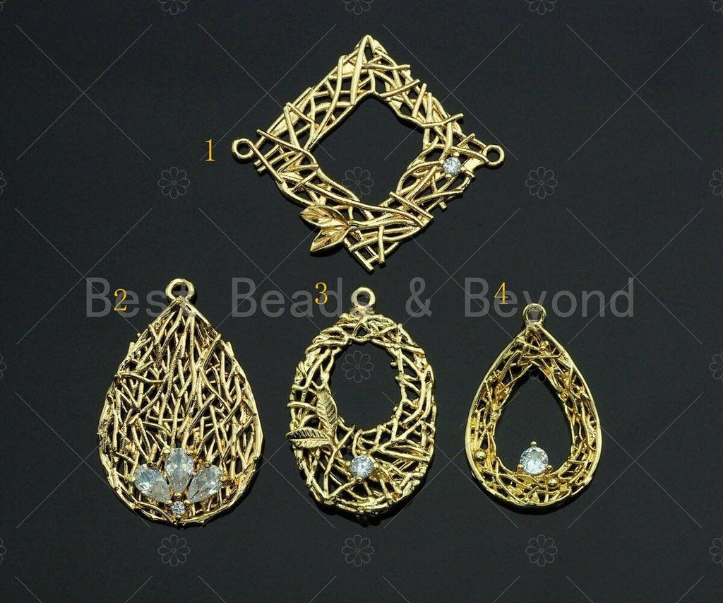 Filigree Gold Lacy Charm with CZ, Dianmond/Teardrop/Oval Shape Brushed Gold Twisted Wire Pendants for Earrings necklace making, sku#CP10