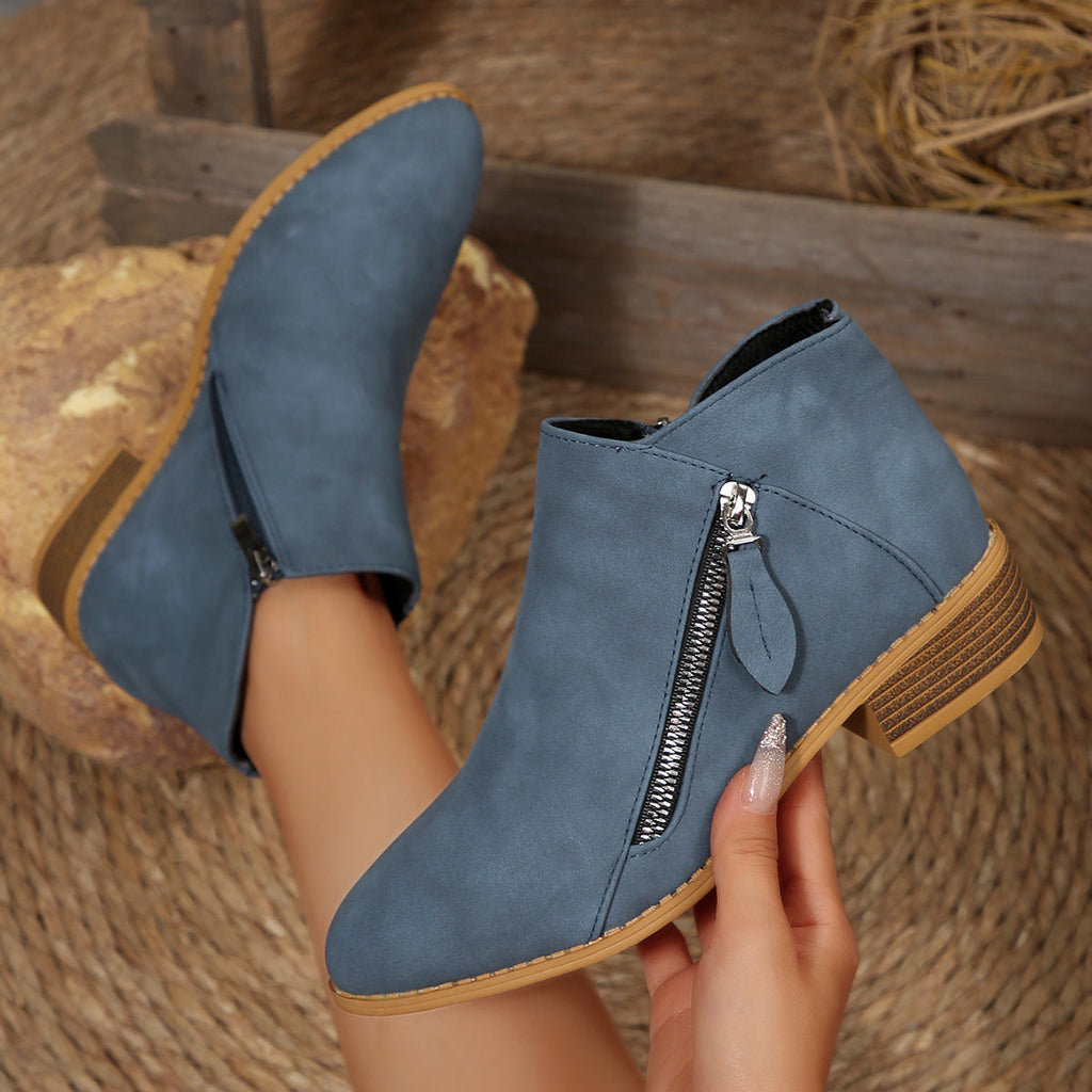 Women's Chunky Heel Pointed-Toe Ankle Boots – Side Zipper, PU Leather, Multi-Color