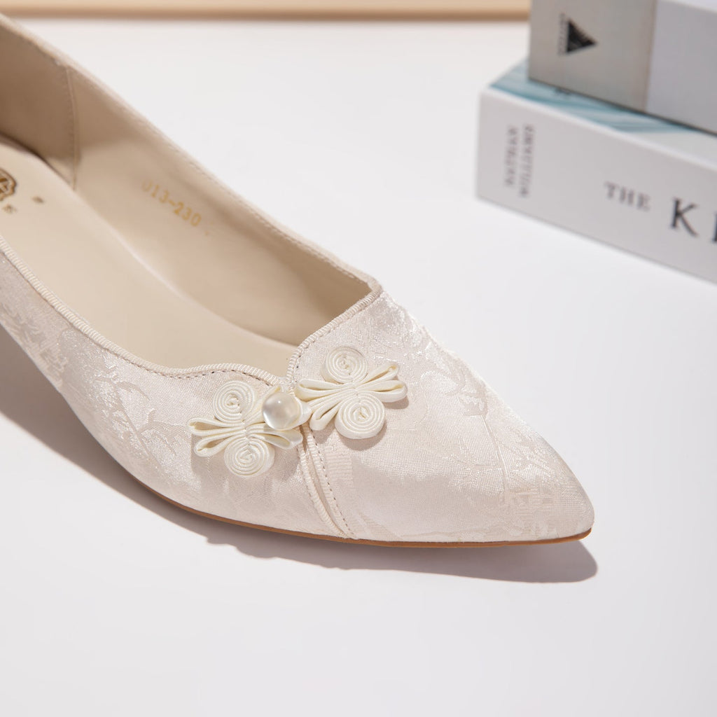 Women's Jacquard Pointed-Toe Kitten Heel Pumps | Floral Pearl Satin Dress Shoes