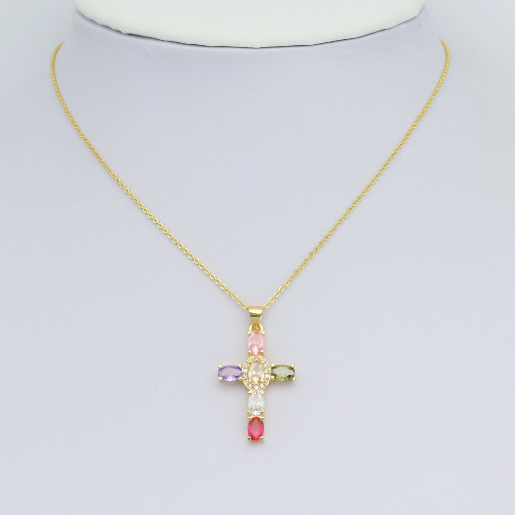 Gold Colorful Oval CZ Cross Charm Pendant, Sku#LD640