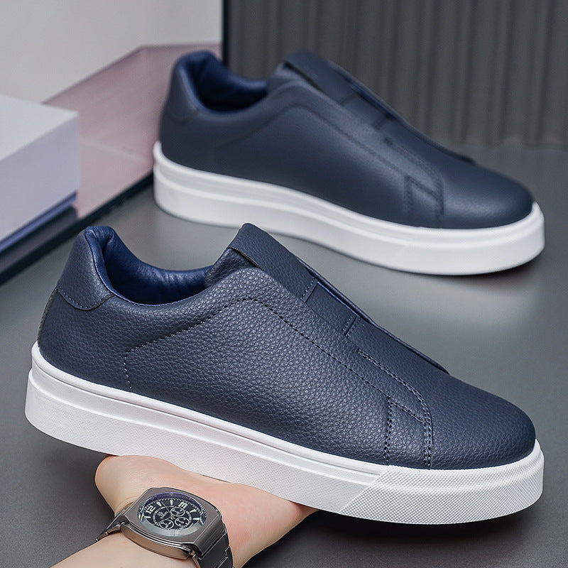 Men's Korean-Style Slip-On Casual Sneakers | PU Leather Round Toe Mid Heel Shoes