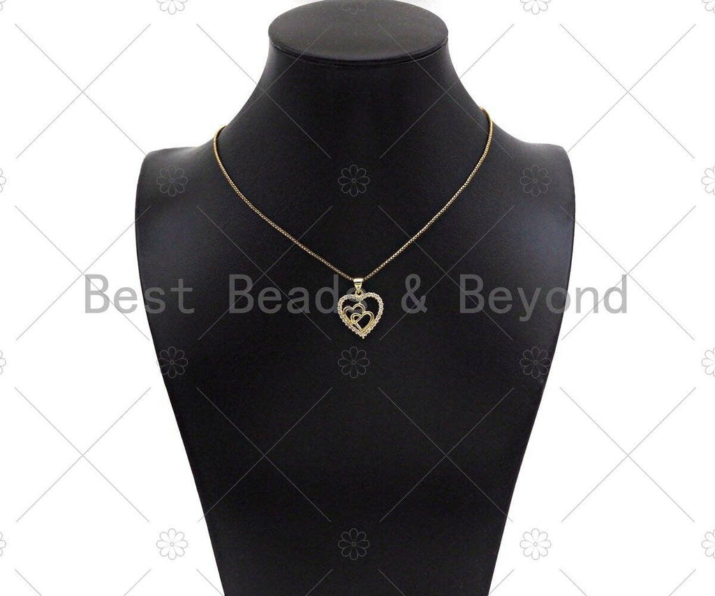 CZ Micro Pave Double Heart On Heart Shape Pendant,18K Dainty Gold Charm, Necklace Bracelet Charm Pendant,18x19mm,Sku#JL37