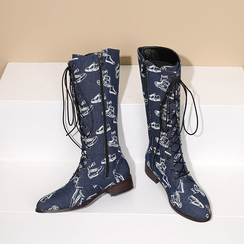Women's Denim Mid-Calf Rider Boots | Square Heel Side Zip Fashion Boots