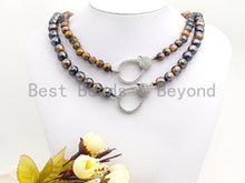 Load image into Gallery viewer, Plated Brown Tiger Eye Attachment Necklace with Large CZ Pave Silver clasp, 18 long, 8mm/10mm beads size, sku#D46