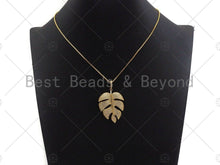 Load image into Gallery viewer, Large CZ Micro Pave Banana Leaf Shape Pendant,Leaf Cubic Zirconia Pendant, Silver/Gold /Rose Gold/Black Tone, 31x42mm,Sku#ML06