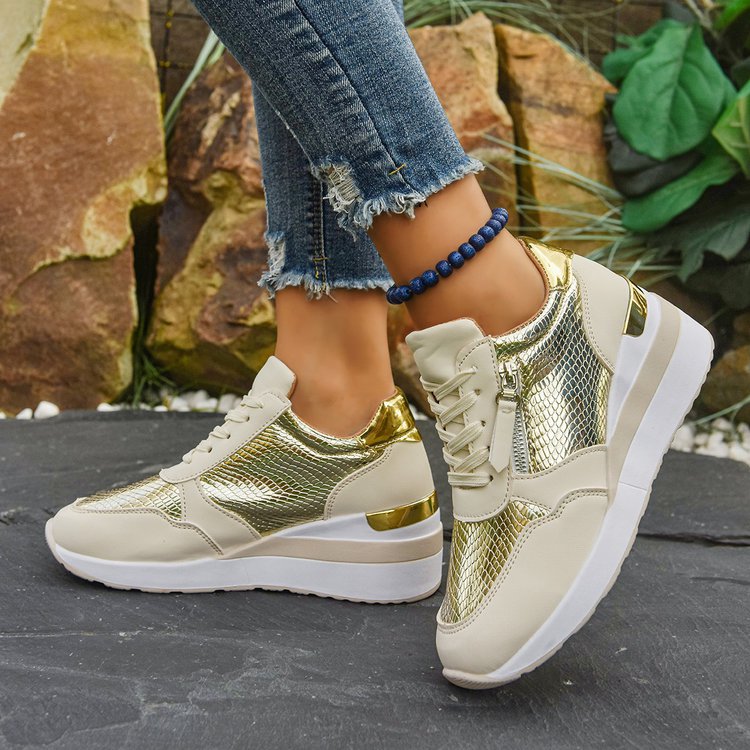 Women's Wedge Sole Height Increasing Casual Sneakers | Gold & Silver Platform Shoes