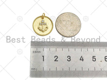Load image into Gallery viewer, Gold Filled CZ Micro Pave Boat Anchor On Round Coin Shape Pendant, 18K Gold Filled Medallion  Charm, Necklace Bracelet Charm,16mm,Sku#LK340