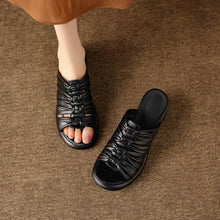 Load image into Gallery viewer, Women's Ruched Slide Sandals | Genuine Lambskin Block Heel Open-Toe Mules