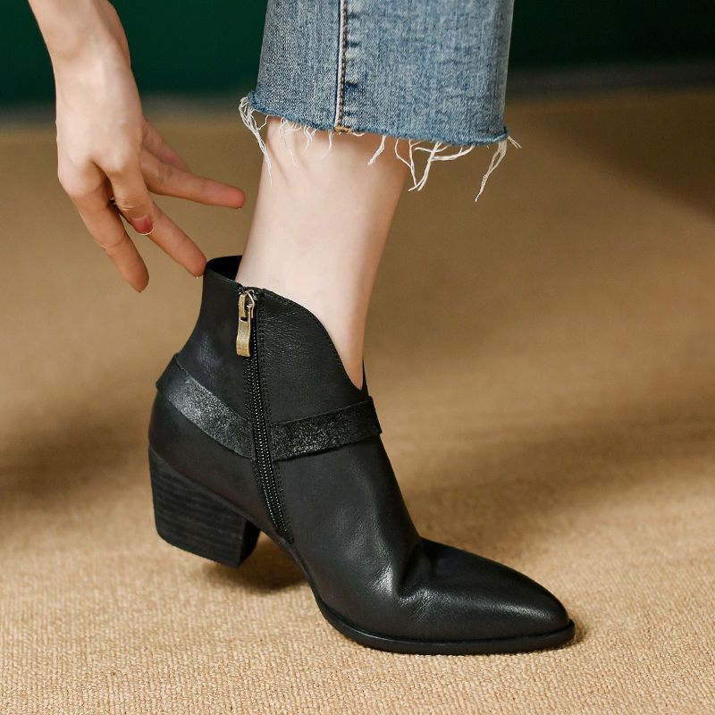 Women's Chunky Heel Slip-On Boots | Pointed Toe Mid-Heel Ankle Boots