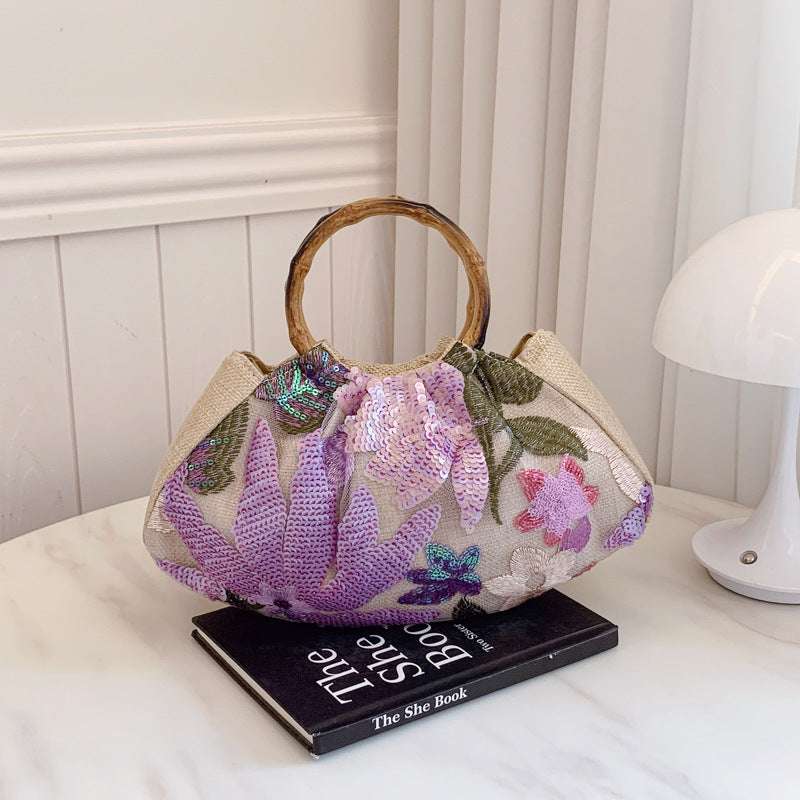 Bamboo Handle Tote Bag for Women - Shell Shape Shoulder Bag with Polyester Lining