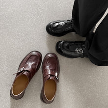 Load image into Gallery viewer, Women's Washed Leather Monk Strap Loafers | Handmade Buckle Low Block Heel Shoes