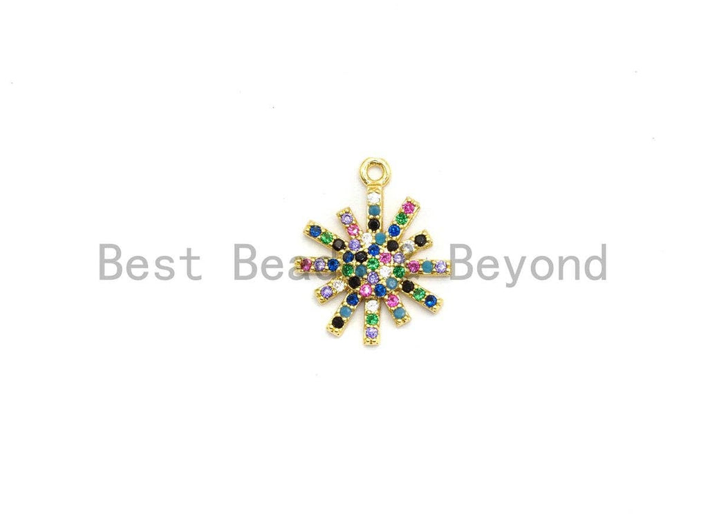 Multi-Color CZ Micro Pave Radial Flower Star Pendant, Flower Shaped Pave Pendant, Gold plated, 14x17mm, Sku#B106