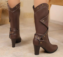 Load image into Gallery viewer, Women's Riveted Criss-Cross Strap Heeled Boots – Edgy High Heel Ankle Boots